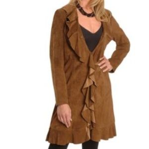Skully Ruffled Brown Suede Leather Long Jacket